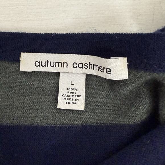 Autumn Cashmere 100% Cashmere Sweater L Striped Navy Green Boxy Drop Shoulder - Picture 7 of 12